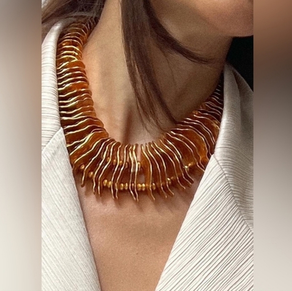 New Zara Golden Metal Necklace with Irregular Pieces and Matching Bead Appliqués - Picture 1 of 3